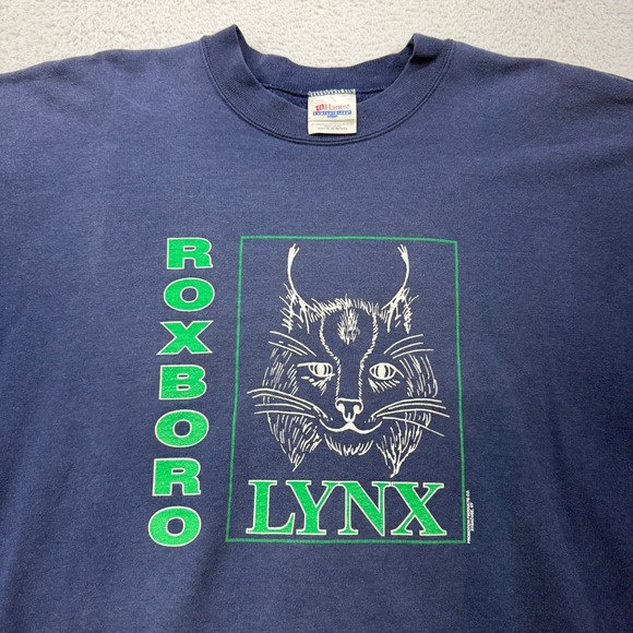 Vintage Hanes Roxboro Lynx Graphic Sweatshirt Navy Blue Mens XL Pullover 7004 - Picture 2 of 8